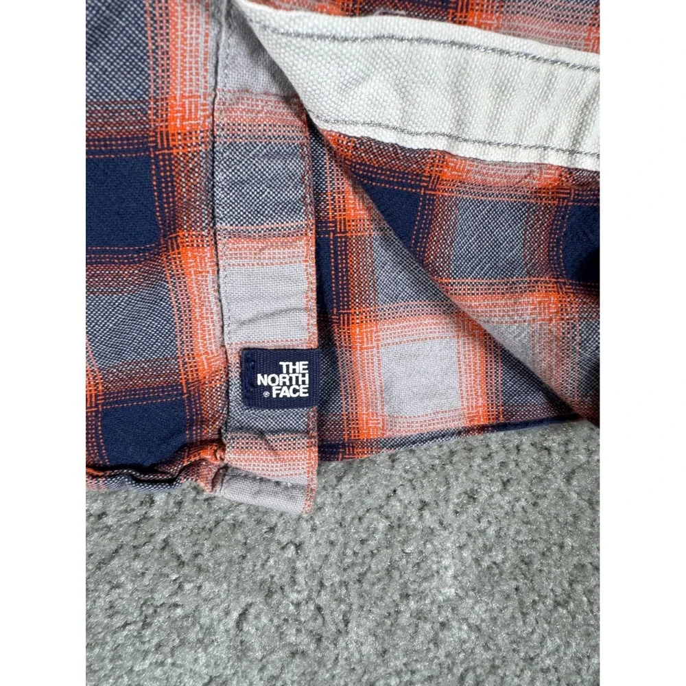 The North Face Mens Plaid Short Sleeve Button Down Shirt Orange Navy Blue Medium